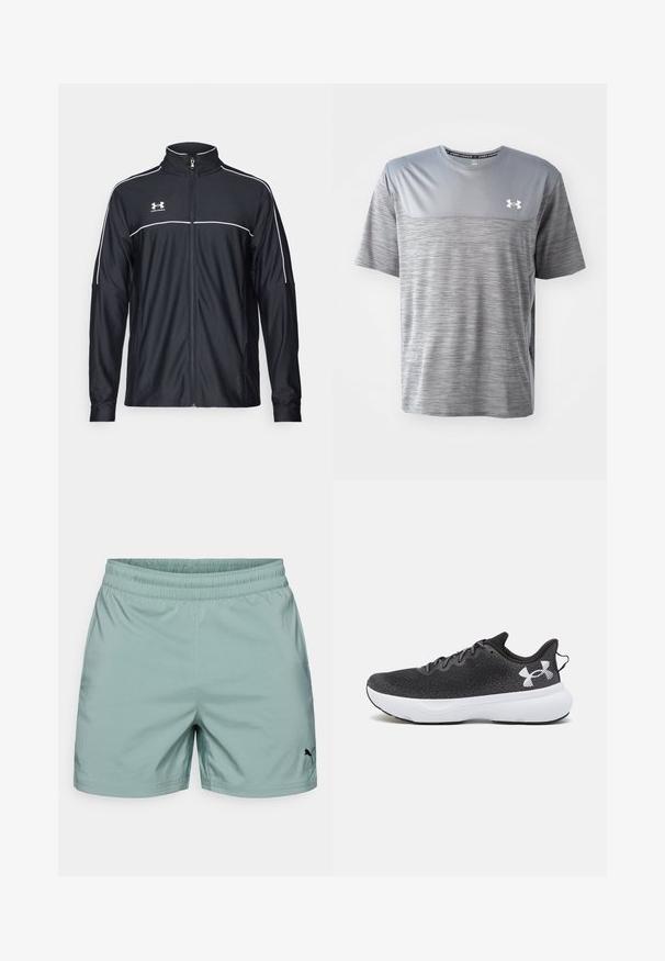 Mustmust rõivakate, mis on valmistatud siledast kangast, kõrge kraega, täispika tõmblukuga ja valgete ääristega õlgadel ja rinnaosas.; Halljahalli hallitusest valmistatud hall sportlik T-särk. Omab sileda ülemise paneeli, tekstuuriga alumist kehaosa ja rinna peal Under Armouri logo.; Heledad rohelised treeningpüksid elastse vöökohtaga ja musta logo detailiga. Sile tekstuur, keskmise pikkusega disain ja tavaline lõige.; Mustavad spordijalatsid struktureeritud võrkmaterjalist pealmise osa, valge pehmendusega tallaga ja mustade paeltega, millel on kantaval valges värvitoonis logo kandajal.