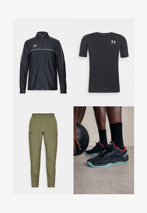 Black athletic jacket made of smooth fabric, featuring a high collar, full zipper, and white piping along the shoulders and chest.; Black short-sleeve athletic shirt made of moisture-wicking, stretchy fabric. Features a round neckline and a small white logo on the chest.; Olive green athletic pants with an elastic waistband, tapered legs, a smooth texture, and a small black logo on the left side.; Black athletic shoes with red accents, mesh upper, laced design, and a light blue translucent sole, alongside a black ball.