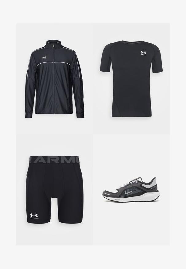 Jaqueta atlética preta feita de tecido liso, com gola alta, fecho éclair completo e detalhes em branco ao longo dos ombros e do peito.; Camiseta atlética preta de manga curta, feita de tecido elástico e que absorve a humidade. Apresenta um decote redondo e um pequeno logótipo branco no peito.; Calções de compressão atlética pretos com um design ajustado, cintura elástica com a inscrição "ARMOUR" em cinza e um logótipo branco da Under Armour.; Sapatilha atlética preta e cinza com parte superior em malha, detalhes reflexivos e uma entressola branca. Apresenta uma sola de borracha texturizada e atacadores.