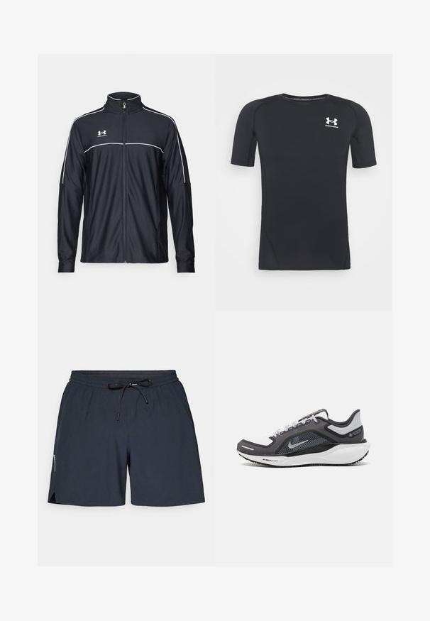 Jaqueta atlética preta feita de tecido liso, com gola alta, fecho éclair completo e detalhes em branco ao longo dos ombros e do peito.; Camiseta atlética preta de manga curta, feita de tecido elástico e que absorve a humidade. Apresenta um decote redondo e um pequeno logótipo branco no peito.; Calções atléticos azul marinho feitos de tecido leve, com um cós elástico, cordão e fendas laterais para facilitar o movimento.; Sapatilha atlética preta e cinza com parte superior em malha, detalhes reflexivos e uma entressola branca. Apresenta uma sola de borracha texturizada e atacadores.