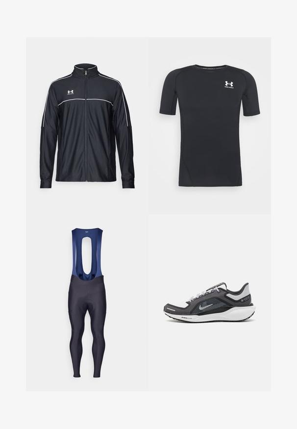 Veste de sport noire en tissu lisse, avec un col haut, une fermeture éclair intégrale et des empiècements blancs le long des épaules et de la poitrine.; T-shirt de sport noir à manches courtes, fabriqué en tissu extensible à évacuation de l'humidité. Il possède un col rond et un petit logo blanc sur la poitrine.; Rapha MENS CORE WINTER WITH PAD - Leggings - dark navy/navy; Baskets de sport noires et grises avec un empeigne en maille, des accents réfléchissants et un intermédiaire blanc. Comprend une semelle extérieure en caoutchouc texturé et des lacets.
