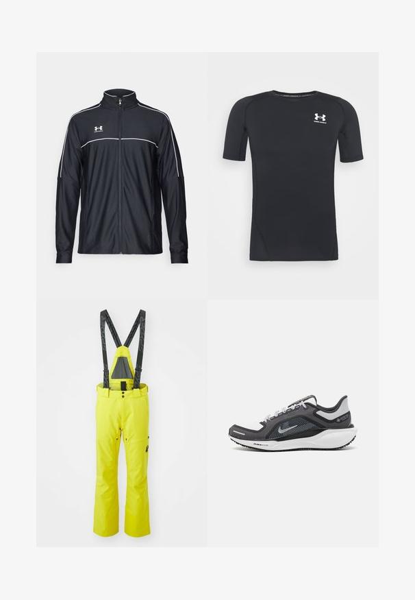 Mustmust rõivakate, mis on valmistatud siledast kangast, kõrge kraega, täispika tõmblukuga ja valgete ääristega õlgadel ja rinnaosas.; Must musta-särk lühikeste varrukatega, valmistatud niiskust eemaldavast, elastsetest kangast. Ümar kaelus ja väikene valge logo rinnal.; Spyder DARE PANTS - Suusapüksid - acid yellow; Mustern ja hallide värvusega spordijalats, millel on võrgusilmast ülemine osa, peegeldavad aktsendid ja valge vaheosa. Omab tekstuuriga kummist välisosa ja kingapaelu.