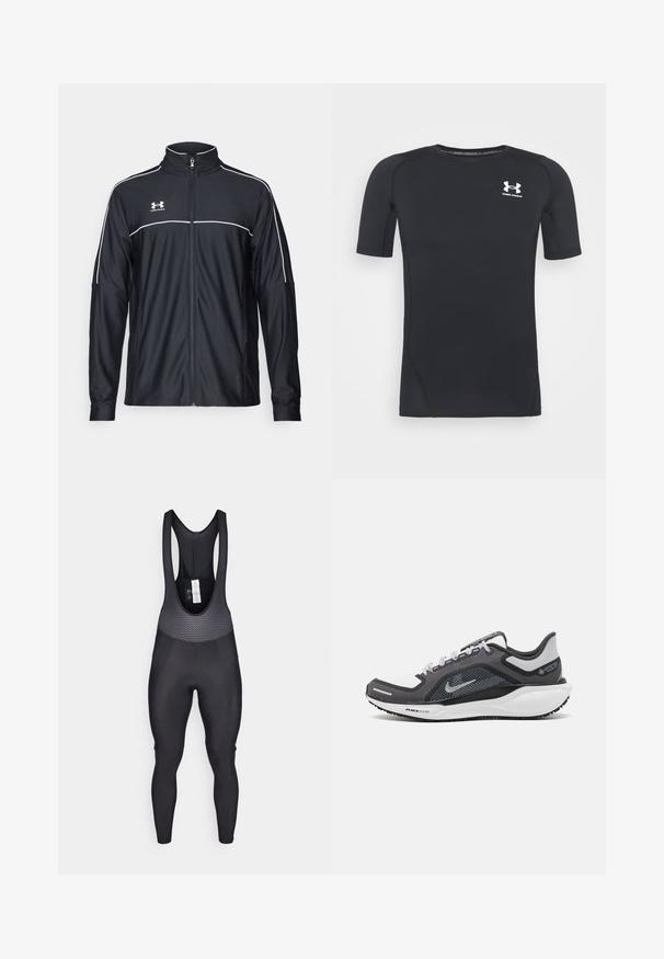 Crna sportska jakna od glatkog materijala, s visokim ovratnikom, punim zatvaračem i bijelim detaljima duž ramena i grudnog dijela.; Crna kratkodlaka atletska majica izrađena od tkanine koja odvodi vlagu i elastična je. Ima okrugli izrez i mali bijeli logo na prsima.; Crne biciklističke tajice s teksturiranim gornjim dijelom s mrežastim dizajnom, prilagođenim nogavicama i podstavljenim sjedalom za udobnost.; Crne i sive atletske cipele s mrežastim gornjim dijelom, reflektirajućim detaljima i bijelim među-djelom. Imaju strukturiranu gumenu potplate i vezice.