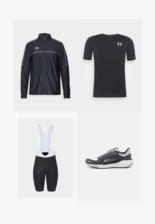 Fekete sportdzseki sima szövetből, magas nyakkal, teljes cipzárral és fehér díszítéssel a vállakon és a mellkason.; Fekete, rövid ujjú sportpóló, nedvességelvezető, rugalmas anyagból készült. Kerek nyakkivágással és egy kicsi, fehér logóval rendelkezik a mellkason.; Fekete bib rövidnadrág fehér pántokkal, párnázott üléssel és elasztikus szegésekkel. Sima textúra, a márka logójával a pántokon.; Fekete és szürke sportcipő, hálós felsőrésszel, fényvisszaverő részletekkel és fehér középtalppal. A talpa texturált gumiból készült, és fűzőkkel rendelkezik.