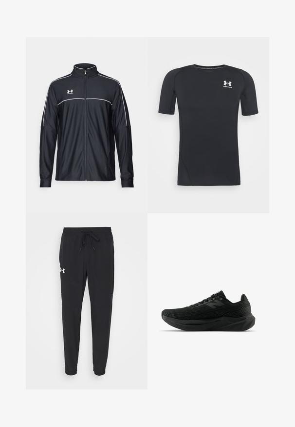 Jachetă sport neagră dintr-un material neted, cu guler înalt, fermoar complet și dungi albe pe umeri și piept.; Tricou sportiv scurt, de culoare neagră, dintr-un material elastic care absoarbe umiditatea. Dispune de un decolteu rotund și un mic logo alb pe piept.; Pantaloni sport negri cu talie elastică și șnur, cu picioare conice, buzunare laterale și detaliu cu logo alb pe coapsa stângă.; Pantoful sportiv negru, cu un material texturat, având un design elegant, sistem de închidere cu șireturi și o talpă mai groasă, cu un profil texturat pentru o aderență îmbunătățită.
