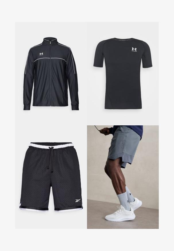 Jaqueta atlética preta feita de tecido liso, com gola alta, fecho éclair completo e detalhes em branco ao longo dos ombros e do peito.; Camiseta atlética preta de manga curta, feita de tecido elástico e que absorve a humidade. Apresenta um decote redondo e um pequeno logótipo branco no peito.; Calções atléticos em malha preta com uma superfície texturizada, cintura elástica, cordão preto e detalhes brancos na bainha e no logo.; Ténis desportivos brancos com parte superior em malha texturizada, acompanhados por meias caneleadas azul claro com um logótipo. Calções desportivos cinza com acabamento perfurado.