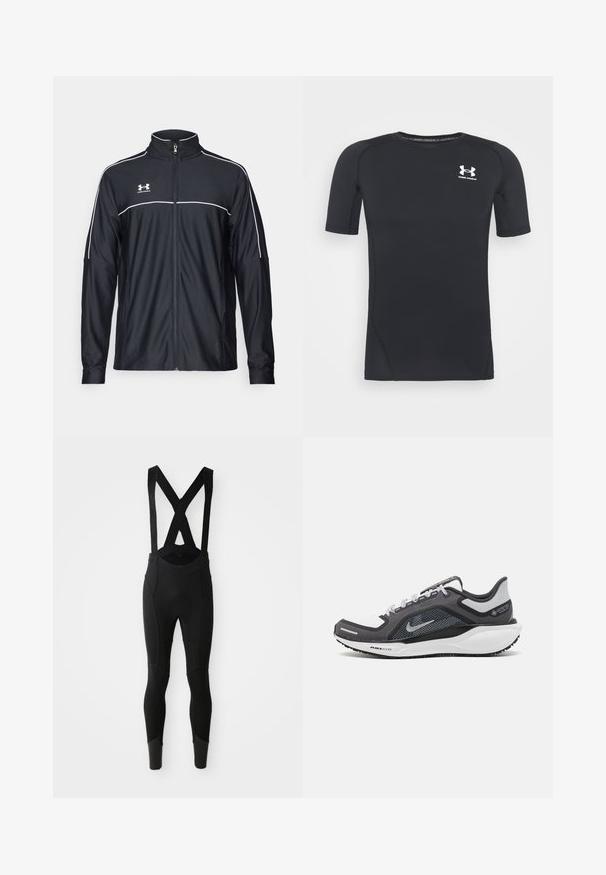 Svart treningsjakke laget av glatt stoff, med høy krage, full glidelås og hvite detaljer langs skuldrene og brystet.; Svart kortermet treningsskjorte laget av fukttransporterende, stretchy stoff. Har rund hals og en liten hvit logo på brystet.; Sorte sykkel bib-tights med justerbare X-formede seler, teksturerte paneler og smale ben som taper seg mot ankelen.; Svart og grå atletisk sko med mesh-overdel, refleksdetaljer og hvit mellomsåle. Har strukturert gummisåle og lisser.