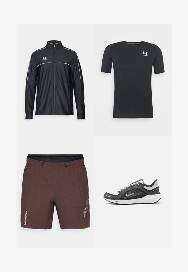 Schwarze Sportjacke aus glattem Material, mit hohem Kragen, durchgehendem Reißverschluss und weißen Paspeln entlang der Schultern und der Brust.; Schwarzes kurzärmliges Sportshirt aus feuchtigkeitsableitendem, elastischem Material. Verfügt über einen runden Halsausschnitt und ein kleines weißes Logo auf der Brust.; Braune Shorts aus technischem Stoff, mit strukturiertem Muster, elastischem Bund und Seitentaschen. Logo in Weiß an der Seite aufgedruckt.; Schwarzer und grauer Sportschuh mit einem Mesh-Obermaterial, reflektierenden Akzenten und einer weißen Zwischensohle. Verfügt über eine strukturierte Gummisohle und Schnürsenkel.