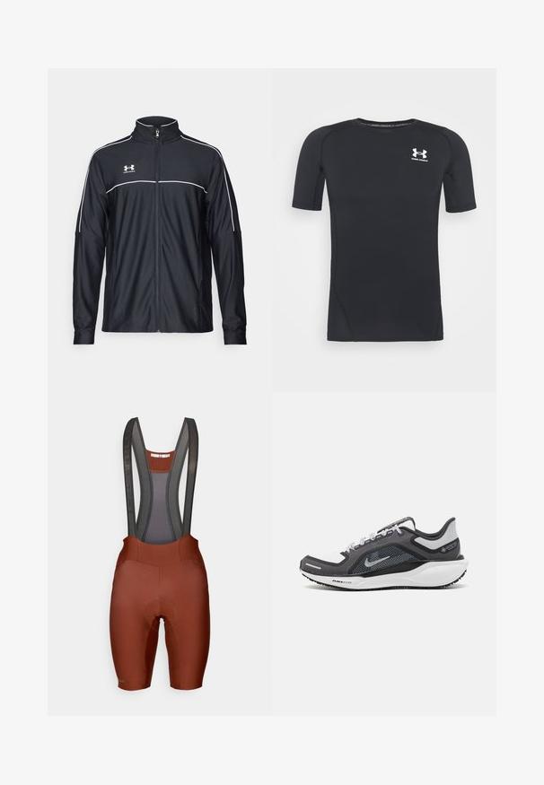 Sort atletisk jakke lavet af glat stof, med høj krave, fuld lynlås og hvide piping langs skuldrene og brystet.; Sort kortærmet træningsskjorte lavet af fugttransporterende, strækbart stof. Har rund halsudskæring og et lille hvidt logo på brystet.; Brune bibshorts med mesh-stropper, polstret sæde og kontrasterende syninger. Glat tekstureret stof, skræddersyet pasform til cykling.; Sort og grå atletisk sko med en mesh-overdel, reflekterende detaljer og en hvid mellemsål. Har en tekstureret gummisål og snørebånd.