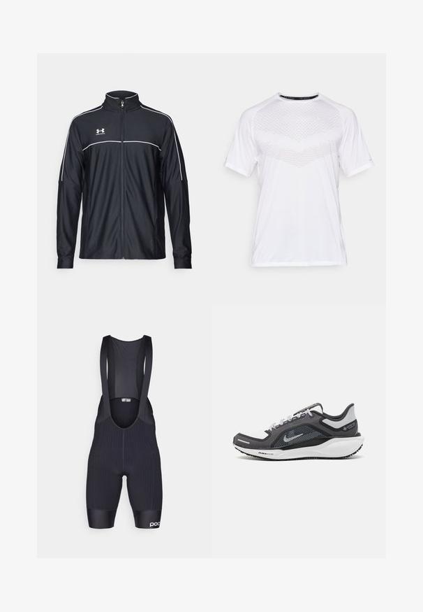 Svart sportjacka i ett slätt tyg, med hög krage, hel dragkedja och vit piping längs axlarna och bröstet.; Vit kortärmad träningsskjorta med ett strukturerat geometriskt mönster på framsidan, tillverkad av lätt tyg, rund halsringning och avslappnad passform.; Svarta cykelbyxor med hållsform, texturerad tyg, meshövre del, och en logotyp på benet. Strukturerad design för komfort.; Svart och grå atletisk sko med ovandel i mesh, reflexdetaljer och en vit mellansula. Har en strukturerad gummisula och skosnören.