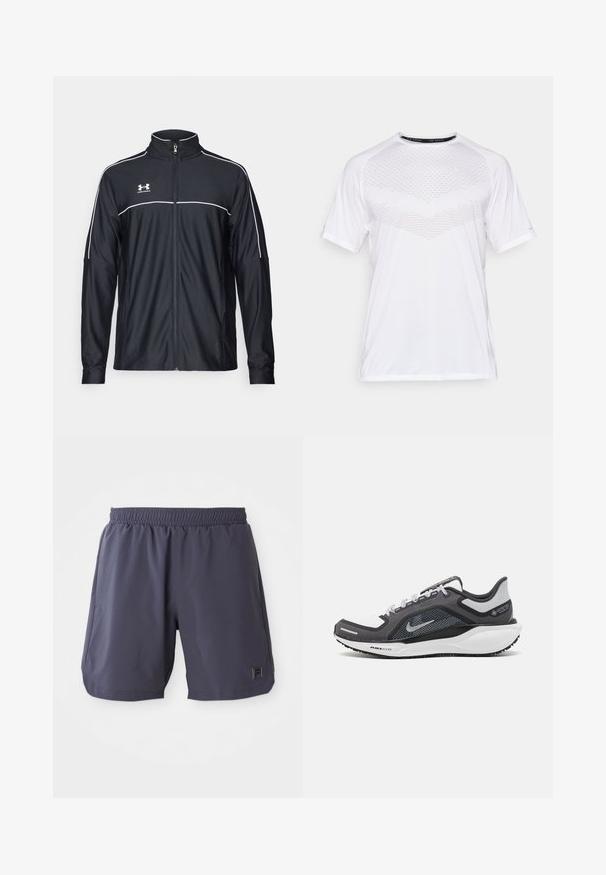 Chaqueta deportiva negra de tejido suave, con un alto cuello, cremallera completa y ribetes blancos en los hombros y el pecho.; Camiseta atlética corta blanca con un patrón geométrico texturizado en el frente, hecha de una tela ligera, con cuello redondo y corte relajado.; Pantalones cortos deportivos elásticos de cintura con color gris oscuro, con bolsillos laterales y un pequeño parche de logo en la parte inferior de la pierna derecha.; Zapatilla deportiva negro y gris con parte superior de malla, acentos reflectantes y una entresuela blanca. Presenta una suela de goma texturizada y cordones.