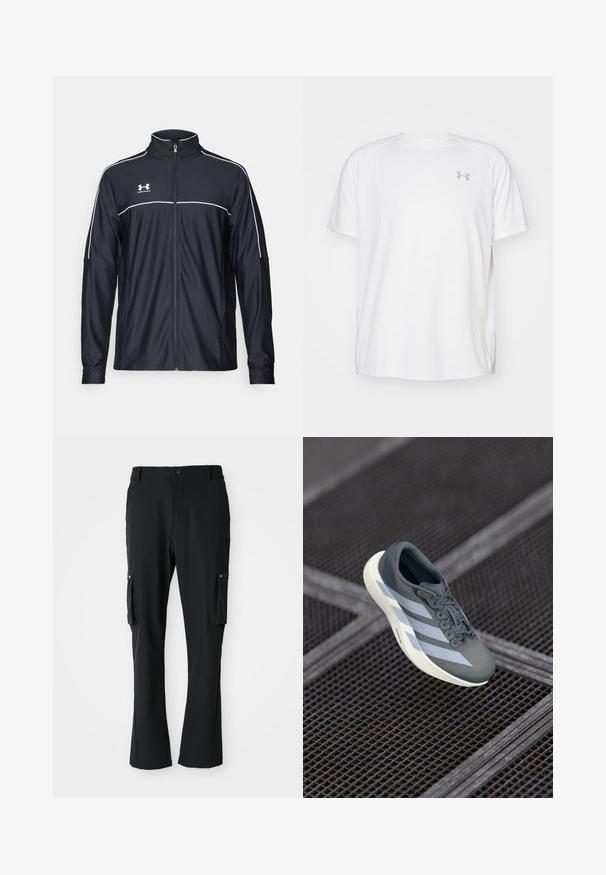 Crna sportska jakna od glatkog materijala, s visokim ovratnikom, punim zatvaračem i bijelim detaljima duž ramena i grudnog dijela.; Bijela atletska majica kratkih rukava od glatkog materijala. Ima okrugli izrez i sivi logo na lijevoj strani prsnog koša, s bočnim prorezima na rubu.; Crne cargo hlače izrađene od lagane tkanine, s dva bočna džepa, zatvaranjem na dugme i ravnim krojem.; Sportska cipela u sivoj i bijeloj boji, izrađena od sintetičkog materijala, s aerodinamičnim dizajnom, teksturiranom površinom i istaknutim sistemom vezivanja.