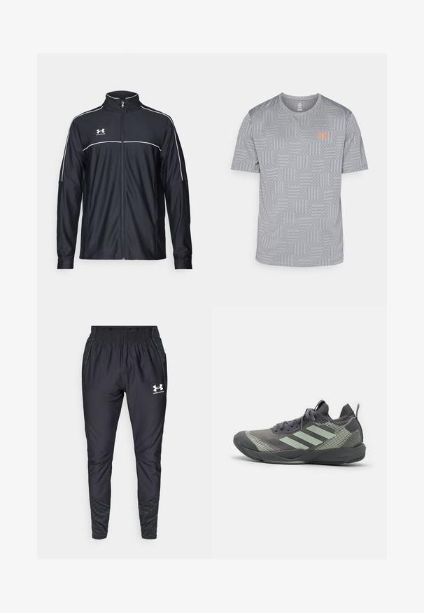 Czarna sportowa kurtka z gładkiego materiału, z wysokim kołnierzem, pełnym zamkiem błyskawicznym oraz białymi lamówkami na ramionach i klatce piersiowej.; Szara koszulka z krótkim rękawem z geometrycznym wzorem, z pomarańczowym logo na lewej części klatki piersiowej. Wykonana z lekkiego, oddychającego materiału.; Under Armour - Spodnie treningowe; Szara sportowa but z teksturowanym wzorem, z zielonymi akcentami i logo w trzech paskach. Lekka, amortyzująca podeszwa z stabilną konstrukcją.