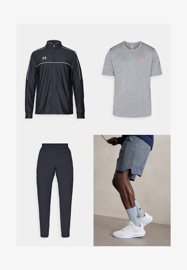 Černá sportovní bunda vyrobena z hladké látky, s vysokým límcem, plným zipem a bílým prošíváním podél ramen a hrudi.; Šedé tričko s krátkým rukávem a geometrickým vzorem, s oranžovým logem na levé části hrudi. Vyrobené z lehkého a prodyšného materiálu.; Černé sportovní kalhoty s hladkou texturou, slim fit, elastickým pasem a bočními kapsami. Na levém stehně je umístěno malé logo.; Bílé sportovní boty s texturovaným síťovaným svrškem, spárované se světle modrými pruhovanými ponožkami s logem. Šedé sportovní šortky s perforovaným lemem.