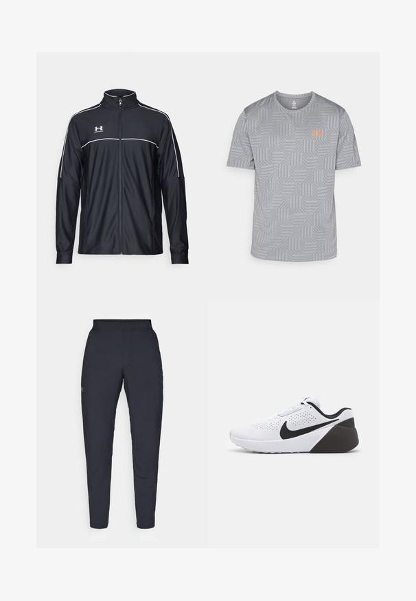 Mustmust rõivakate, mis on valmistatud siledast kangast, kõrge kraega, täispika tõmblukuga ja valgete ääristega õlgadel ja rinnaosas.; Lühikeste varrukatega hall T-särk, millel on geomeetriline muster ja oranž logo vasakul rinnaku piirkonnas. Valmistatud kergest ja hingavast kangast.; Mustad mustreid spordipüksid, millel on sile tekstuur, kitsas lõige, elastne vöökoht ja küljetaskud. Vasakule reiele on tikandatud väike logo.; Valge spordijalanõud mustade aktsendiga, omavad perforatsiooni ülemises osas, ümarat varba disaini ja tekstuurset halli kannaosa. Paeltega sulgemine.