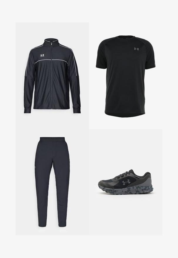 Černá sportovní bunda vyrobena z hladké látky, s vysokým límcem, plným zipem a bílým prošíváním podél ramen a hrudi.; Černé krátké sportovní tričko vyrobené z hladkého, lehkého materiálu. Má kulatý výstřih a diskétní logo na hrudi.; Černé sportovní kalhoty s hladkou texturou, slim fit, elastickým pasem a bočními kapsami. Na levém stehně je umístěno malé logo.; Černá sportovní bota s texturovaným svrškem, šedou podrážkou v maskáčovém vzoru a plochými tkaničkami. Na boku se nachází logo Under Armour.