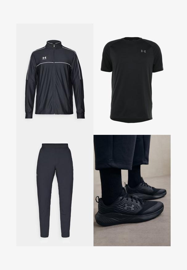 Crna sportska jakna od glatkog materijala, s visokim ovratnikom, punim zatvaračem i bijelim detaljima duž ramena i grudnog dijela.; Crna kratka majica s kratkim rukavima za sport izrađena od glatkog, laganog materijala. Ima okrugli dekolte i diskretan logo na grudima.; Crne sportske hlače s glatkom teksturom, uskih krojeva, elastičnim pojasom i bočnim džepovima. Imaju mali logo na lijevom bedru.; Osoba nosi crne atletske tenisice s teksturiranim stranama i logotipom, uparenim s crnim čarapama i skraćenim hlačama na svijetloj podlozi.