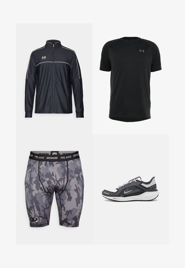 Melnā sporta jaka, izgatavota no gludas auduma, ar augstu apkakli, pilnu rāvējslēdzēju un baltu apdari gar pleciem un krūtīm.; Melnas īsām piedurknēm sporta krekls, izgatavots no gludas, vieglas auduma. Iespējamā apaļa apkakle un discrētu logo uz krūšu.; Pelēkas maskēšanās kompresijas šorti ar melnu jostas joslu, uz kuras rakstīts "Venum Polaris". Gluda tekstūra ar pastiprinātām šuvēm un logotipa detaļu.; Melnas un pelēkas sporta kurpes ar tīklu augšdaļu, atstarojošiem akcentiem un baltu starpzoli. Aprīkotas ar teksturētu gumijas zoli un šņorēm.
