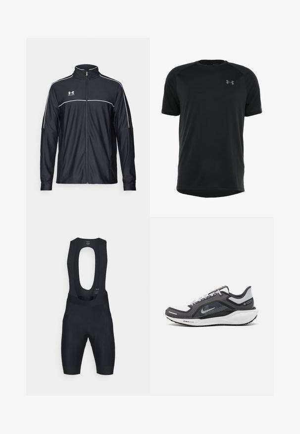 Giacca sportiva nera realizzata in tessuto liscio, con colletto alto, zip completa e piping bianco lungo le spalle e il petto.; Maglietta atletica nera a maniche corte realizzata in tessuto morbido e leggero. Presenta un collo rotondo e un logo discreto sul petto.; Pantaloni da ciclista neri con schiena a taglio, inserti imbottiti e vestibilità aderente. Realizzati in materiale elasticizzato per comfort e flessibilità.; Scarpa da ginnastica nera e grigia con tomaia in rete, dettagli riflettenti e intersuola bianca. Presenta una suola in gomma testurizzata e lacci.
