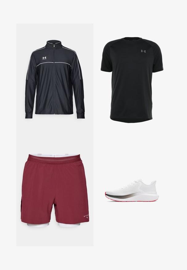 Čierna športová bunda vyrobená z hladkej látky, s vysokým golierom, plným zipsom a bielymi pásikmi pozdĺž ramien a hrudníka.; Čierny športový krátky rukáv vyrobený z hladkej, ľahkej tkaniny. Má zaoblený výstrih a nenápadné logo na hrudi.; Bordové športové šortky s mriežkovým pásom a bielou vnútornou podšívkou. Obsahujú bočnú kapsu a akcent loga na dolnej časti nohavice.; Športová obuv s bielou sieťovinovou vrchnou časťou, striebornou medzipodrážkou a červenou podrážkou. Obsahuje okrúhle šnúrky a polstrovaný golier pre pohodlie.