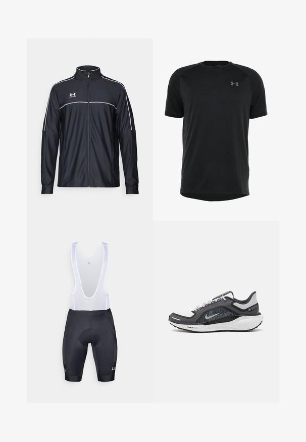 Juodas sportinis džemperis, pagamintas iš lygaus audinio, turintis aukštą apykaklę, pilną užtrauktuką ir baltą apvadą palei pečius ir krūtinę.; Juodas trumpomis rankovėmis sportinis marškinėlis, pagamintas iš lygaus, lengvo audinio. Turi apvalų iškirpimą ir diskretišką logotipą krūtinėje.; Juodos dviračių šortai su paminkštintu chamois, baltais tinkliniais petnešomis ir logotipo detale. Lygus paviršius, prigludęs siluetas ir dvi šoninės kišenės.; Juodas ir pilkas sportinis batelis su tinkleliu viršuje, atspindinčiais akcentais ir balta vidurinė dalimi. Yra tekstūruota guminė išorinė pada ir raišteliai.