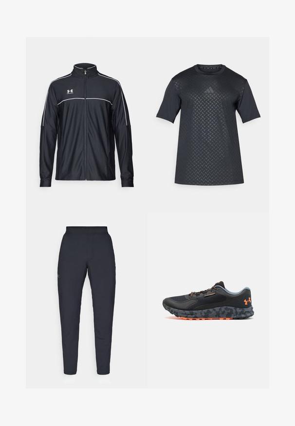 Melnā sporta jaka, izgatavota no gludas auduma, ar augstu apkakli, pilnu rāvējslēdzēju un baltu apdari gar pleciem un krūtīm.; Melna īsām piedurknēm krekls ar tekstūru ģeometrisku rakstu priekšā un gludu muguru, izgatavots no viegla, elpojoša materiāla.; Melnas sporta bikses ar gludu tekstūru, šauru piegriezumu, elastīgu jostu un sānu kabatām. Uz kreisā augšstilba ir mazs logs.; Melna sporta kurpe ar teksturētu virsu, pelēkiem akcentiem, oranžiem sīktēliem, armijas kamuflāžas raksta zoli un šņores sistēmu drošai piegulšanai.