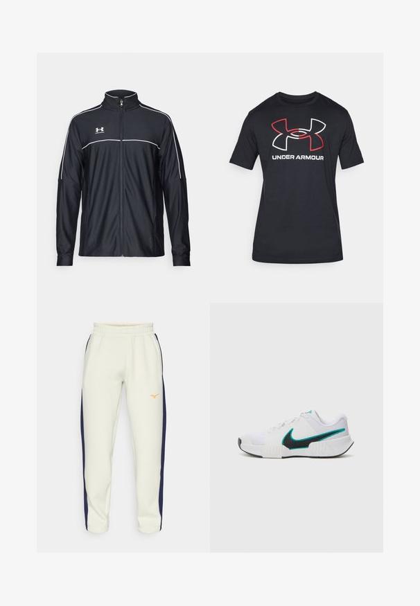 Jaqueta atlética preta feita de tecido liso, com gola alta, fecho éclair completo e detalhes em branco ao longo dos ombros e do peito.; T-shirt preto de manga curta feito de um tecido leve, apresentando um grande logótipo vermelho e branco da Under Armour na frente.; Calças de treino de tom bege claro com cintura ajustável, riscas laterais azuis e um logótipo laranja na coxa esquerda; feitas de material suave.; Tênis atlético branco com parte superior em malha texturizada, solado de borracha preta e detalhe em swoosh Nike teal. Apresenta cadarços e colarinho acolchoado.
