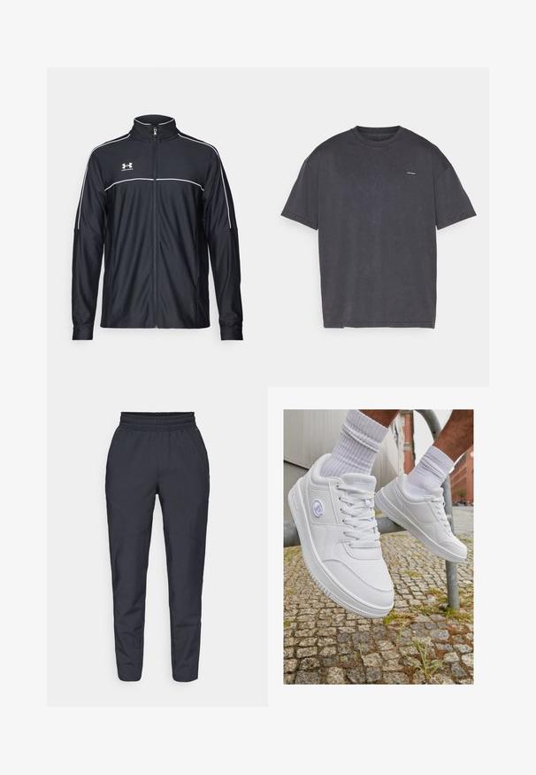 Svart sportjacka i ett slätt tyg, med hög krage, hel dragkedja och vit piping längs axlarna och bröstet.; Mörkgrå t-shirt med kort ärm, tillverkad av bomull, med rundad halsringning och en liten logotyp framtill. Mjuk textur och avslappnad passform.; Marina tapered byxor i mjukt tyg, med elastisk midja, sidofickor och en slät yta med subtila sömnadsdetaljer.; Vita sneakers med en slät syntetisk ovandel, snörning, vadderad krage och logodetalj på sidan, mot en kullerstensbakgrund.