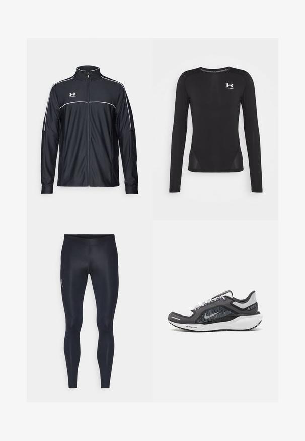Čierna športová bunda vyrobená z hladkej látky, s vysokým golierom, plným zipsom a bielymi pásikmi pozdĺž ramien a hrudníka.; Čierna atletická košeľa s dlhým rukávom vyrobená z hladkej, ľahkej tkaniny. Má priliehavý strih a sieťovinové bočné panely. Logo Under Armour na hrudi.; Legíny vyrobené z elastického, ľahkého materiálu v jednofarebnej čiernej. Disponujú hladkým povrchom, priliehavým strihom a elastickým pásom.; Čierna a sivá športová obuv s vrchnou časťou z priedušného materiálu, reflexné akcenty a biely medzipodrážka. Obsahuje štruktúrovanú gumovú podrážku a šnúrky.