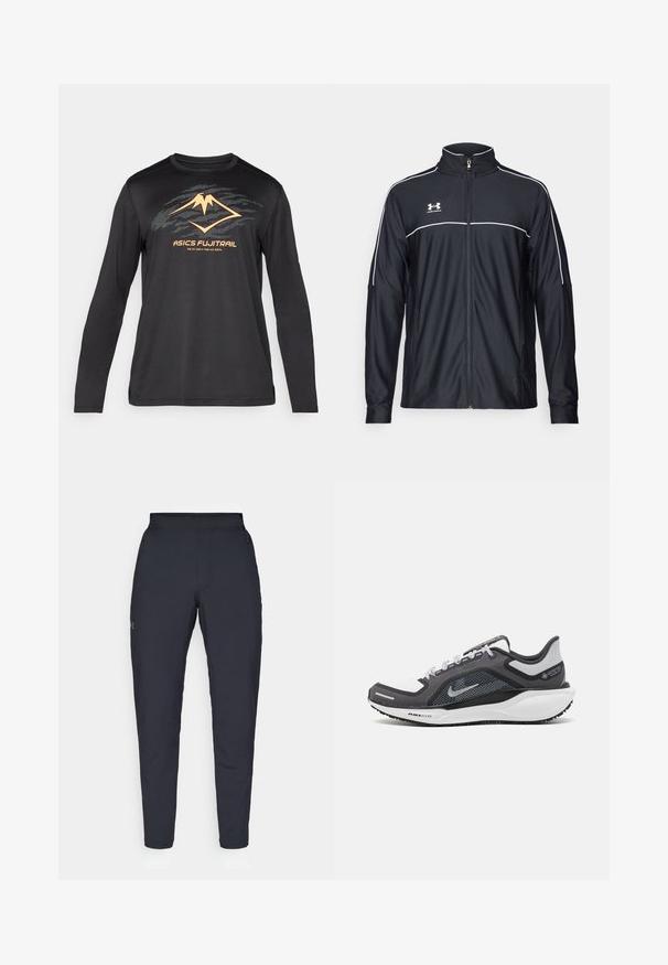 Zwarte sportjack van soepel materiaal, met een hoge kraag, volledige ritssluiting en witte piping langs de schouders en borst.; ASICS FUJITRAIL LOGO TOP - Longsleeve - performance black; Zwarte sportbroeken met een gladde textuur, slanke pasvorm, elastische tailleband en zijzakken. Bevat een klein logo op het linkerdij.; Zwarte en grijze sportschoen met een bovenwerk van mesh, reflecterende accenten en een witte tussenzool. Beschikt over een gestructureerde rubberen zool en veters.