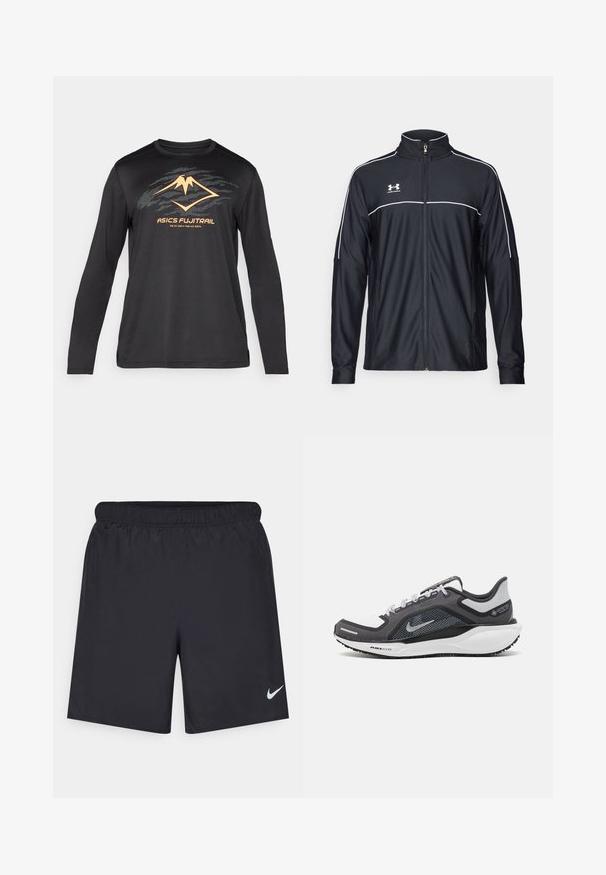 Jaqueta atlética preta feita de tecido liso, com gola alta, fecho éclair completo e detalhes em branco ao longo dos ombros e do peito.; ASICS FUJITRAIL LOGO TOP - Camisola de manga comprida - performance black; Calças de desporto pretas feitas de material leve com uma cintura elástica. Apresenta um pequeno logótipo branco da Nike no canto inferior esquerdo.; Sapatilha atlética preta e cinza com parte superior em malha, detalhes reflexivos e uma entressola branca. Apresenta uma sola de borracha texturizada e atacadores.