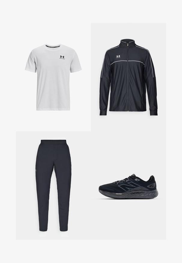 Fekete sportdzseki sima szövetből, magas nyakkal, teljes cipzárral és fehér díszítéssel a vállakon és a mellkason.; Fehér, rövid ujjú póló, amely pamutból készült, kerek nyakkivágással, bal mellen fekete Under Armour logóval.; Fekete sportnadrág sima textúrával, karcsú szabással, rugalmas derékrésszel és oldalzsebekkel. A bal combján egy kis logó található.; Férfi futócipő fekete hálós anyagból, vastag szürke talppal, körkörös textúrával és fényvisszaverő részletekkel. Oldalán a "New Balance" logó található.