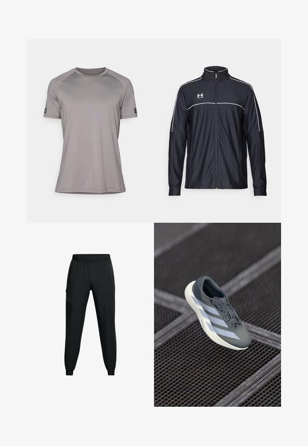 Juodas sportinis džemperis, pagamintas iš lygaus audinio, turintis aukštą apykaklę, pilną užtrauktuką ir baltą apvadą palei pečius ir krūtinę.; Pilkas trumpomis rankovėmis marškinėliai su apvalia iškirpte, pagaminti iš lygaus, lengvo audinio. Ant kairės rankovės yra logotipas.; Juodi sportiniai kelnės su elastinga juosmena, siaurėjančio pjūvio, šoninėmis kišenėmis ir kontrastingais panelių detalėmis. Lengvas, lygus audinys.; Sportiniai batai pilkos ir baltos spalvos, pagaminti iš sintetinės medžiagos, su srauniu dizainu, tekstūruota danga ir ryškiu raištelių sistemu.