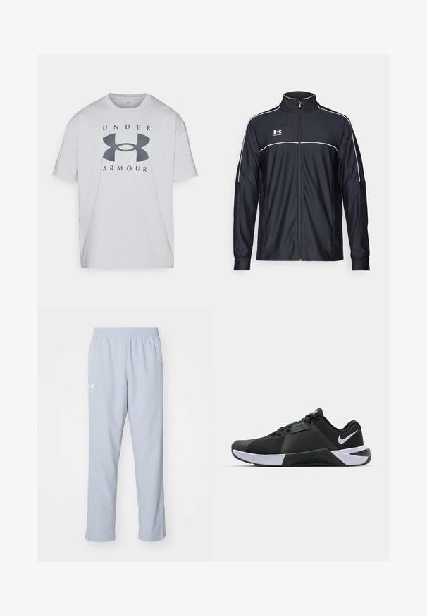 Svart treningsjakke laget av glatt stoff, med høy krage, full glidelås og hvite detaljer langs skuldrene og brystet.; Hvit bomull t-skjorte med et stort grått Under Armour-logo over brystet, med korte ermer og rund hals.; Lyseblå treningstights med elastisk midje, sidelommer og ankelglidelåser. Har en hvit logo på venstre lår.; Nike Performance METCON 10 - Treningssko - black/white/anthracite