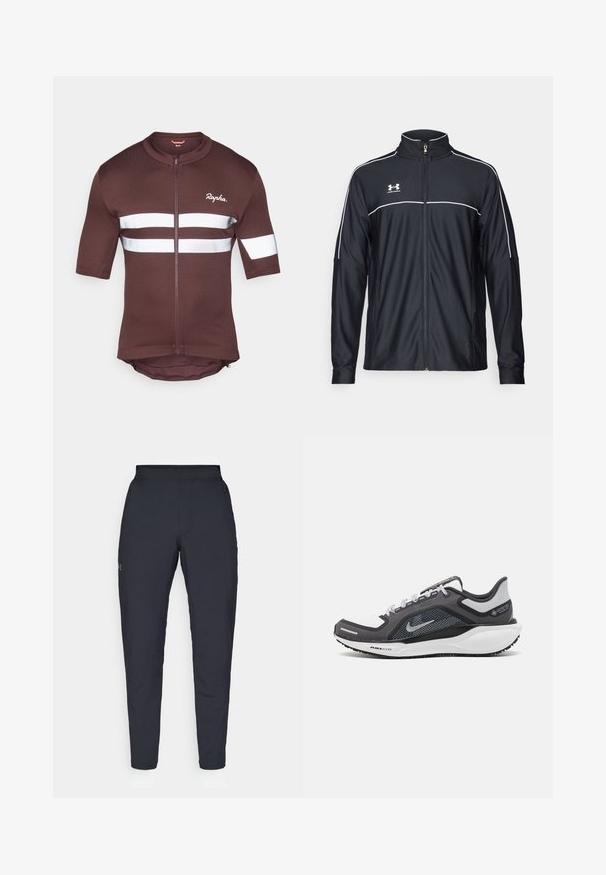Čierna športová bunda vyrobená z hladkej látky, s vysokým golierom, plným zipsom a bielymi pásikmi pozdĺž ramien a hrudníka.; Hnedé cyklistické tričko s krátkym rukávom a plným zipsom, s bielymi reflexnými pruhmi a sieťovanými detailmi. Logo značky umiestnené vpredu.; Čierne športové nohavice s hladkým povrchom, priliehavým strihom, elastickým pásom a bočnými vreckami. Obsahujú malé logo na ľavom stehne.; Čierna a sivá športová obuv s vrchnou časťou z priedušného materiálu, reflexné akcenty a biely medzipodrážka. Obsahuje štruktúrovanú gumovú podrážku a šnúrky.