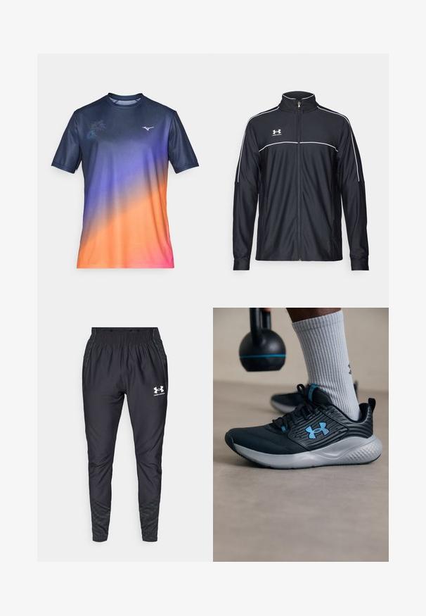 Black athletic jacket made of smooth fabric, featuring a high collar, full zipper, and white piping along the shoulders and chest.; Short-sleeve athletic shirt in a gradient of navy, purple, orange, and pink. Features subtle floral pattern and logo on the chest. Smooth fabric.; Under Armour PRO PANT - Tracksuit bottoms - black/white; Black athletic shoe with blue accents, textured upper, and gray sole. Worn with gray ribbed socks, beside a black kettlebell.