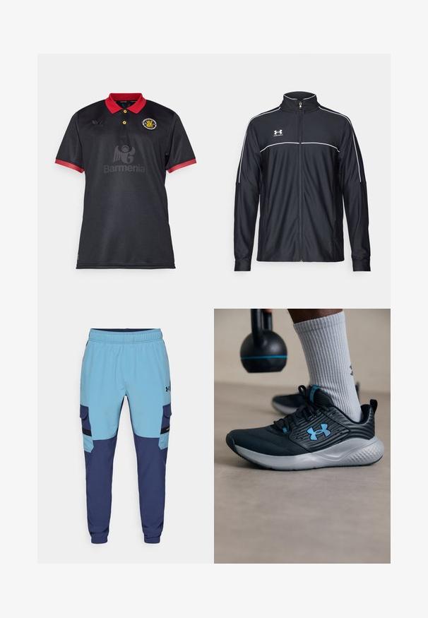 Chaqueta deportiva negra de tejido suave, con un alto cuello, cremallera completa y ribetes blancos en los hombros y el pecho.; Camisa polo negra con cuello y puños rojos. Presenta botones amarillos, logotipos bordados y un gran logotipo impreso en gris en la parte frontal.; Pantalones de chándal azul y marino con una cinturilla elástica, bolsillos laterales y detalles de estilo cargo. Fabricados con un tejido suave y transpirable.; Zapatilla deportiva negra con acentos azules, parte superior texturizada y suela gris. Llevada con calcetines grises de canalé, al lado de una kettlebell negra.
