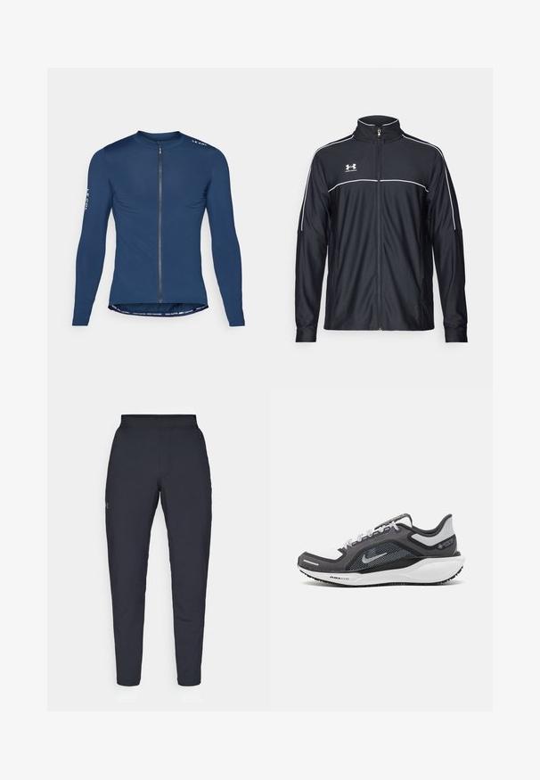 Juodas sportinis džemperis, pagamintas iš lygaus audinio, turintis aukštą apykaklę, pilną užtrauktuką ir baltą apvadą palei pečius ir krūtinę.; Jūrininkų tamsiai mėlynos spalvos dviratininko marškiniai ilgomis rankovėmis su priekiniais užtrauktukais, logotipo detalė ant peties ir kontrastingas tekstas apatinėje krašto dalyje. Glotnus audinio paviršius.; Juodos sportinės kelnės su lygiu paviršiumi, siauru siluetu, elastingu juosmeniu ir šoninėmis kišenėmis. Mažas logotipas yra kairėje šlaunyje.; Juodas ir pilkas sportinis batelis su tinkleliu viršuje, atspindinčiais akcentais ir balta vidurinė dalimi. Yra tekstūruota guminė išorinė pada ir raišteliai.