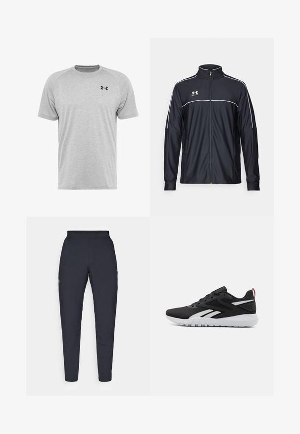 Svart treningsjakke laget av glatt stoff, med høy krage, full glidelås og hvite detaljer langs skuldrene og brystet.; Grå kortermet treningstopp laget av et lett stoff. Har en svart logo på brystet og raglanermer for bedre bevegelsesfrihet.; Sorte treningbukser med glatt tekstur, smal passform, elastisk midjebånd og sidelommer. Har en liten logo på venstre lår.; Sorte sportsko med mesh-overdel, hvite detaljer, teksturert såle og en rød hæltab for ekstra detaljer.