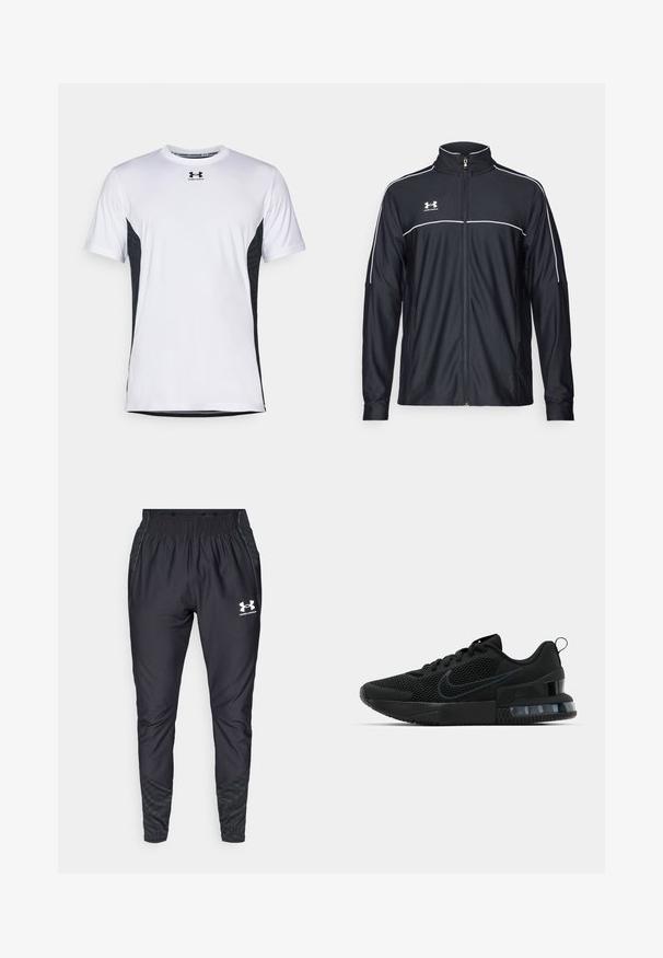 Svart treningsjakke laget av glatt stoff, med høy krage, full glidelås og hvite detaljer langs skuldrene og brystet.; Under Armour CHALLENGER PRO SS - T-skjorte til trening - white/black; Under Armour PRO PANT - Joggebukse - black/white; Svart Nike treningssko med mesh-overdel, gummisåle, polstret krage og en distinkt gjennomsiktig hældetalj.