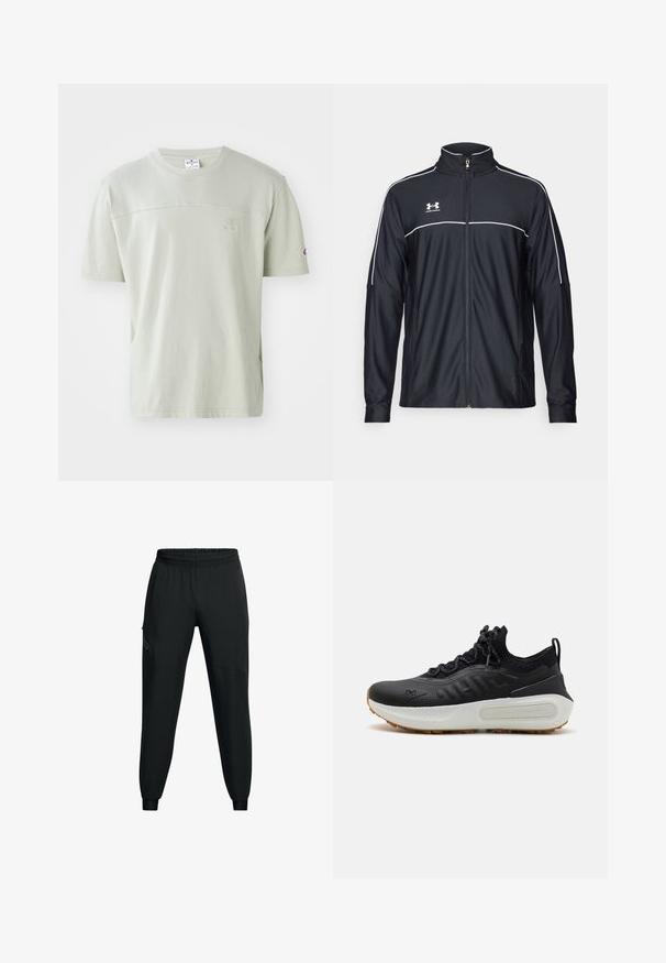 Mustmust rõivakate, mis on valmistatud siledast kangast, kõrge kraega, täispika tõmblukuga ja valgete ääristega õlgadel ja rinnaosas.; Kerge rohelise värvi lühikeste varrukatega T-särk, mis on valmistatud puuvillast. Omab ümarat kaelust ja diskreetset logo rinnal. Sile tekstuur ja mugav lõige.; Musthave mustamaadid sportlikud püksid elastse vöökohaga, kitseneva jala disainiga, küljetaskudega ja kontrastsete paneelide detailidega. Kerge, sileda kangaga.; Mustad mustlussaadad tekstuuriga ülemise osaga, sokilaadsed krae, hallid nöörid ja valge vaheosa, millel on mustriga disain ja kummine välistald.