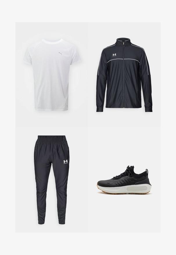 Mustmust rõivakate, mis on valmistatud siledast kangast, kõrge kraega, täispika tõmblukuga ja valgete ääristega õlgadel ja rinnaosas.; Valge spordisärk lühikeste varrukatega, valmistatud kergest materjalist. Vasakul rinnal on väike hall Puma logo.; Under Armour PRO PANT - Dresside alumine osa - black/white; Mustad mustlussaadad tekstuuriga ülemise osaga, sokilaadsed krae, hallid nöörid ja valge vaheosa, millel on mustriga disain ja kummine välistald.