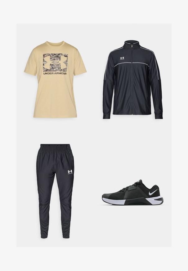 Jaqueta atlética preta feita de tecido liso, com gola alta, fecho éclair completo e detalhes em branco ao longo dos ombros e do peito.; Camisa de algodão bege com mangas curtas. Apresenta um logótipo da Under Armour em padrão de camuflagem e letras escuras abaixo do logótipo.; Under Armour PRO PANT - Calças de fato de treino - black/white; Nike Performance METCON 10 - Sapatilha de treino - black/white/anthracite