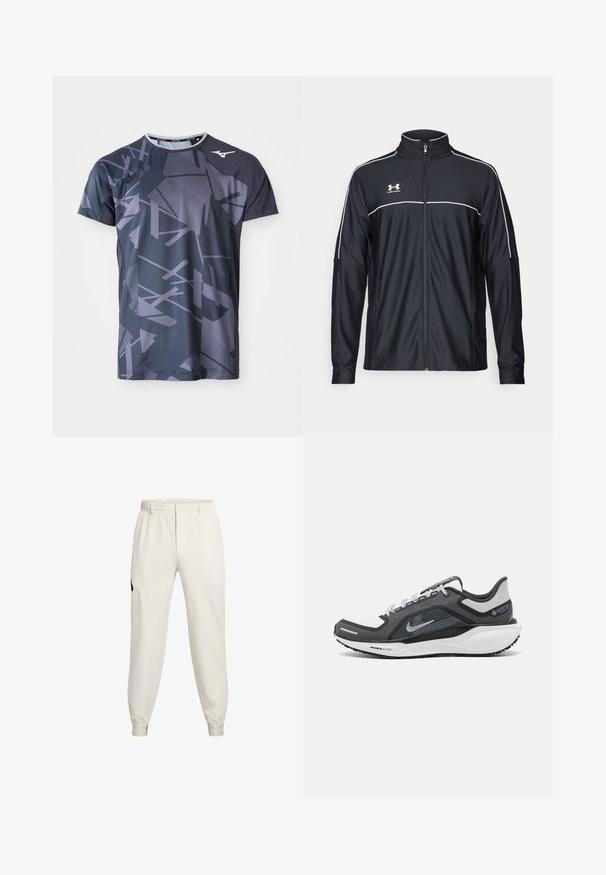 Musta urheilu takki, joka on valmistettu sileästä kankaasta. Takissa on korkea kaulus, täyspitkä vetoketju ja valkoiset tehosteet olkapäissä ja rinnassa.; Urheilu t-paita, joka on valmistettu kevyestä kankaasta, tummanharmaa perusta, jossa on abstrakteja vaaleanharmaita geometrisiä kuvioita ja pyöreä kaula-aukko.; Helle beige joggebukser med elastisk midjebånd, sidelommer og ribbekanter; har et sort logoakcent på venstre hofte.; Musta ja harmaa urheilukenka, jossa on verkkopäällinen, heijastavat yksityiskohdat ja valkoinen välipohja. Varustettu kuvioidulla kumipohjalla ja nauhoilla.