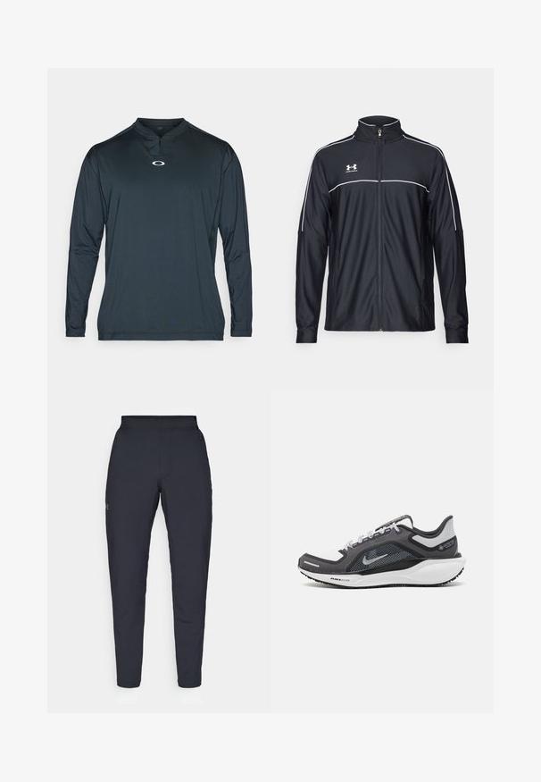 Schwarze Sportjacke aus glattem Material, mit hohem Kragen, durchgehendem Reißverschluss und weißen Paspeln entlang der Schultern und der Brust.; Dunkelblaues langärmeliges Sporthemd mit einem halben Reißverschluss-Kragen, das ein kleines weißes Logo auf der Brust sowie einen glatten, leichten Stoff aufweist.; Schwarze Sporthose mit glatter Textur, schlankem Schnitt, elastischem Bund und seitlichen Taschen. Mit einem kleinen Logo auf dem linken Oberschenkel.; Schwarzer und grauer Sportschuh mit einem Mesh-Obermaterial, reflektierenden Akzenten und einer weißen Zwischensohle. Verfügt über eine strukturierte Gummisohle und Schnürsenkel.