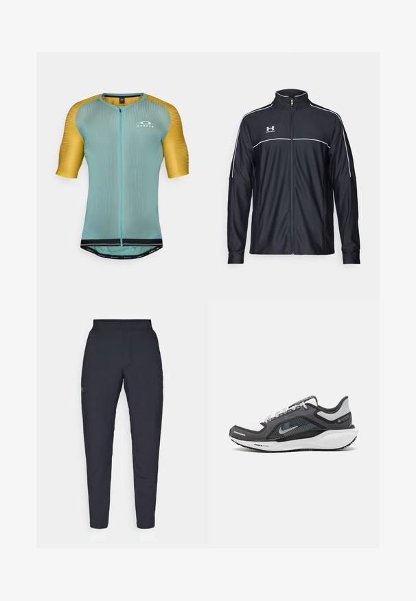 Svart treningsjakke laget av glatt stoff, med høy krage, full glidelås og hvite detaljer langs skuldrene og brystet.; Kortermet sykkeltrøye med full glidelås foran, laget av teksturert lyseblå og gul stoff, med svart kant og hvit logo.; Sorte treningbukser med glatt tekstur, smal passform, elastisk midjebånd og sidelommer. Har en liten logo på venstre lår.; Svart og grå atletisk sko med mesh-overdel, refleksdetaljer og hvit mellomsåle. Har strukturert gummisåle og lisser.