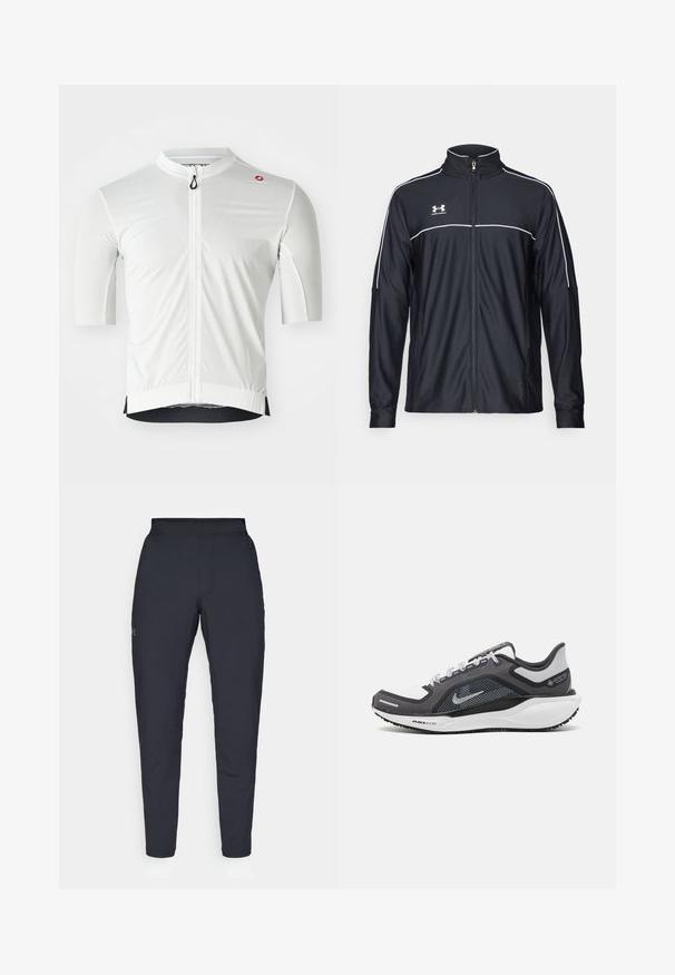 Černá sportovní bunda vyrobena z hladké látky, s vysokým límcem, plným zipem a bílým prošíváním podél ramen a hrudi.; Bílé cyklistické tričko s krátkými rukávy, s plným předním zipem, texturovaným materiálem a černým akcentem na lemu.; Černé sportovní kalhoty s hladkou texturou, slim fit, elastickým pasem a bočními kapsami. Na levém stehně je umístěno malé logo.; Černá a šedá sportovní obuv s vrškem z prodyšné síťoviny, reflexními akcenty a bílou mezipodešví. Obsahuje texturovanou gumovou podrážku a tkaničky.
