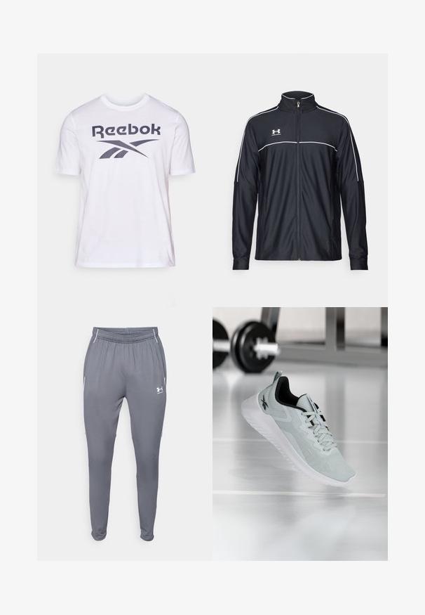 Černá sportovní bunda vyrobena z hladké látky, s vysokým límcem, plným zipem a bílým prošíváním podél ramen a hrudi.; Bílý tričko Reebok s velkým tmavě šedým logem a grafickým designem přes hruď. Vyrobeno z měkkého bavlněného materiálu, krátké rukávy.; Šedé sportovní kalhoty s elastickým pasem, postranními kapsami a bílými akcenty. Vyrobeno z hladkého, lehkého materiálu.; Světle šedá sportovní obuv s prodyšným svrškem, černými akcenty a bílou podrážkou. Obsahuje texturovaný vzor a šněrovací uzávěr.