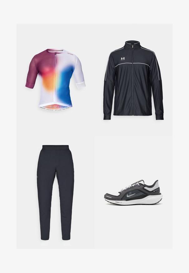 Czarna sportowa kurtka z gładkiego materiału, z wysokim kołnierzem, pełnym zamkiem błyskawicznym oraz białymi lamówkami na ramionach i klatce piersiowej.; Koszulka kolarska z krótkim rękawem z siateczkowym wzorem w gradiencie fioletowego, pomarańczowego i niebieskiego; zamek błyskawiczny i nadrukowane wykończenie.; Czarne spodnie sportowe o gładkiej fakturze, dopasowanym kroju, elastycznej talii i bocznych kieszeniach. Posiadają małe logo na lewym udzie.; Czarne i szare buty sportowe z siateczkową cholewką, odblaskowymi akcentami i białą podeszwą środkową. Posiadają teksturowaną gumową podeszwę i sznurowadła.