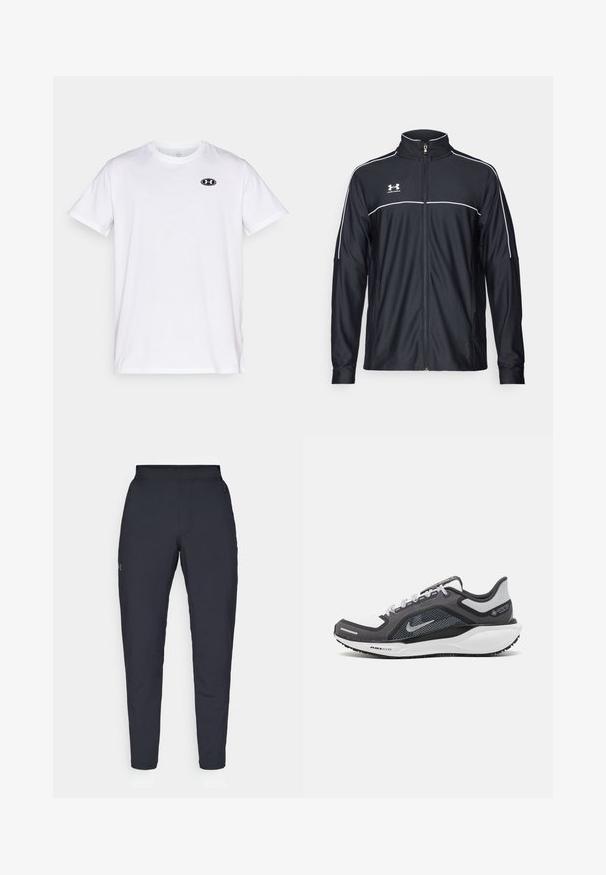 Czarna sportowa kurtka z gładkiego materiału, z wysokim kołnierzem, pełnym zamkiem błyskawicznym oraz białymi lamówkami na ramionach i klatce piersiowej.; Biała koszulka z krótkim rękawem wykonana z bawełny, z okrągłym dekoltem. Posiada małe czarne logo Under Armour na piersiach.; Czarne spodnie sportowe o gładkiej fakturze, dopasowanym kroju, elastycznej talii i bocznych kieszeniach. Posiadają małe logo na lewym udzie.; Czarne i szare buty sportowe z siateczkową cholewką, odblaskowymi akcentami i białą podeszwą środkową. Posiadają teksturowaną gumową podeszwę i sznurowadła.
